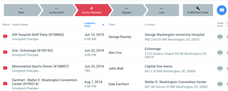 Project tracking in Goodshuffle Pro, event rental software.
