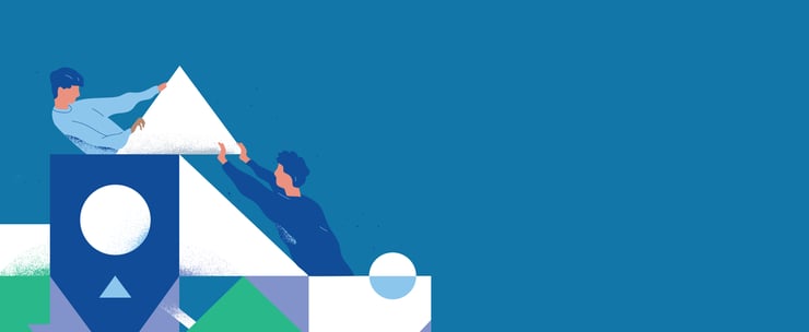 Illustration of people building with abstract images.