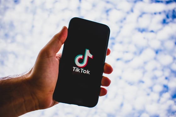 hand holding a smart phone with the TikTok app logo