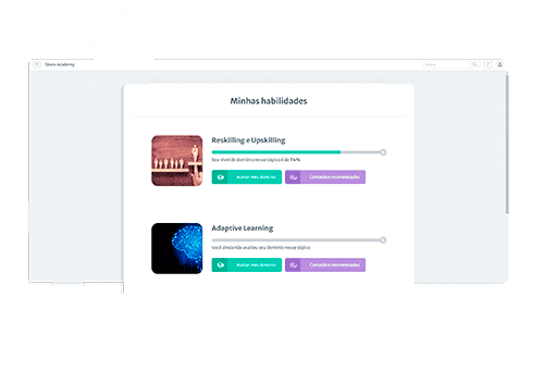 Tela inicial do Adaptive Learning no Skore, com círculos brancos flutuando ao fundo. O título da imagem diz Minhas Habilidades e as habilidades listadas abaixo são: Reskilling e Upskilling e Adaptive Learning Tela inicial do Adaptive Learning no Skore, com círculos brancos flutuando ao fundo. O título da imagem diz Minhas Habilidades e as habilidades listadas abaixo são: Reskilling e Upskilling e Adaptive Learning