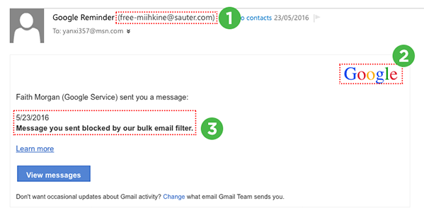 A phishing message, intended to look like a message from Google