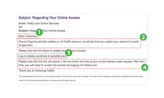 A phishing message, intended to look like an urgent message from FedEx