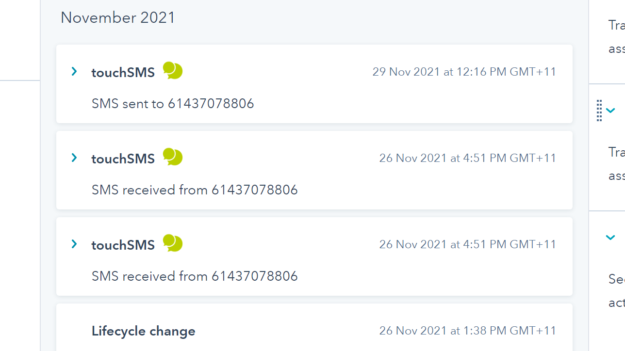 SMS Communication Displays in Timeline