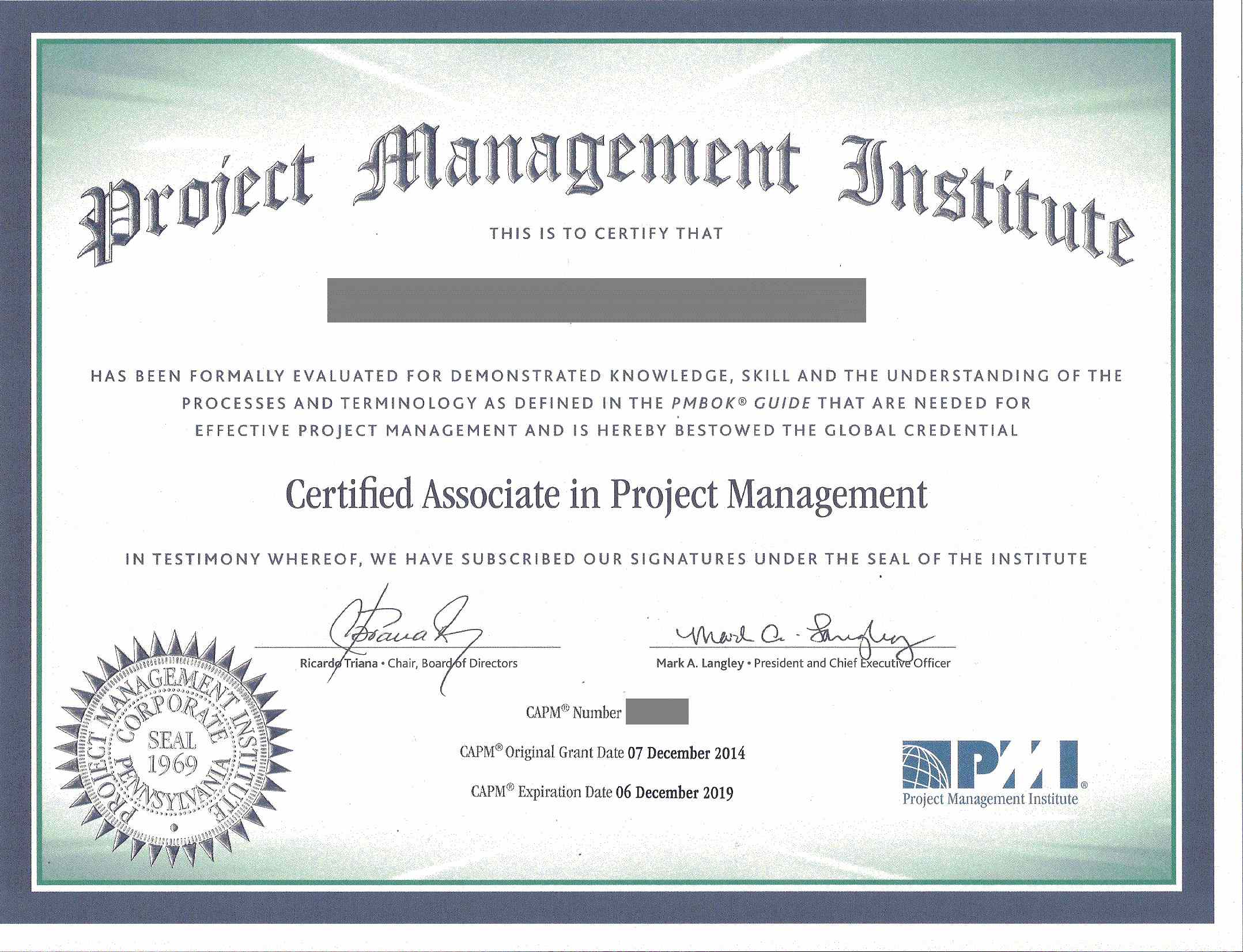 Sample CAPM Certificate