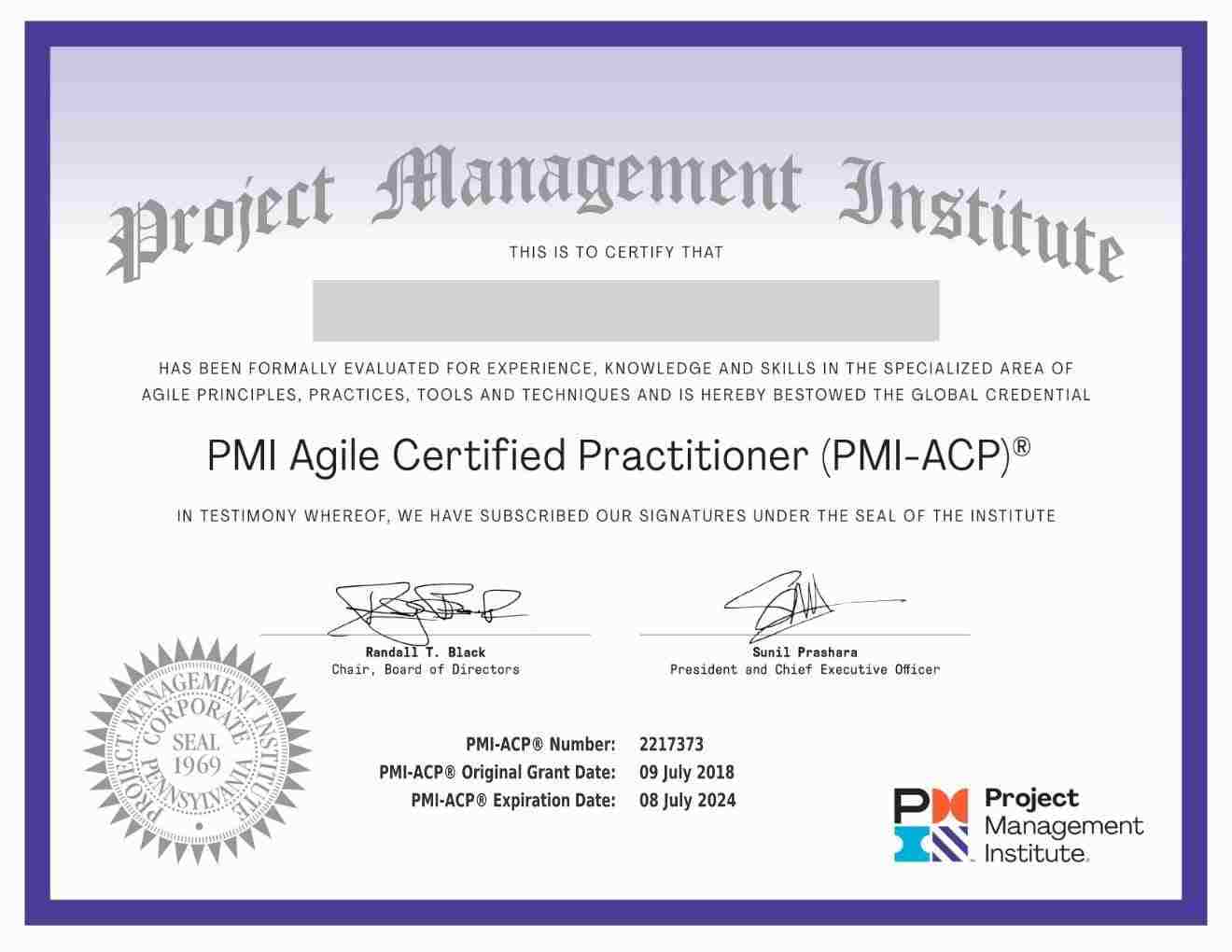 Sample Agile Certified Practitioner Certificate