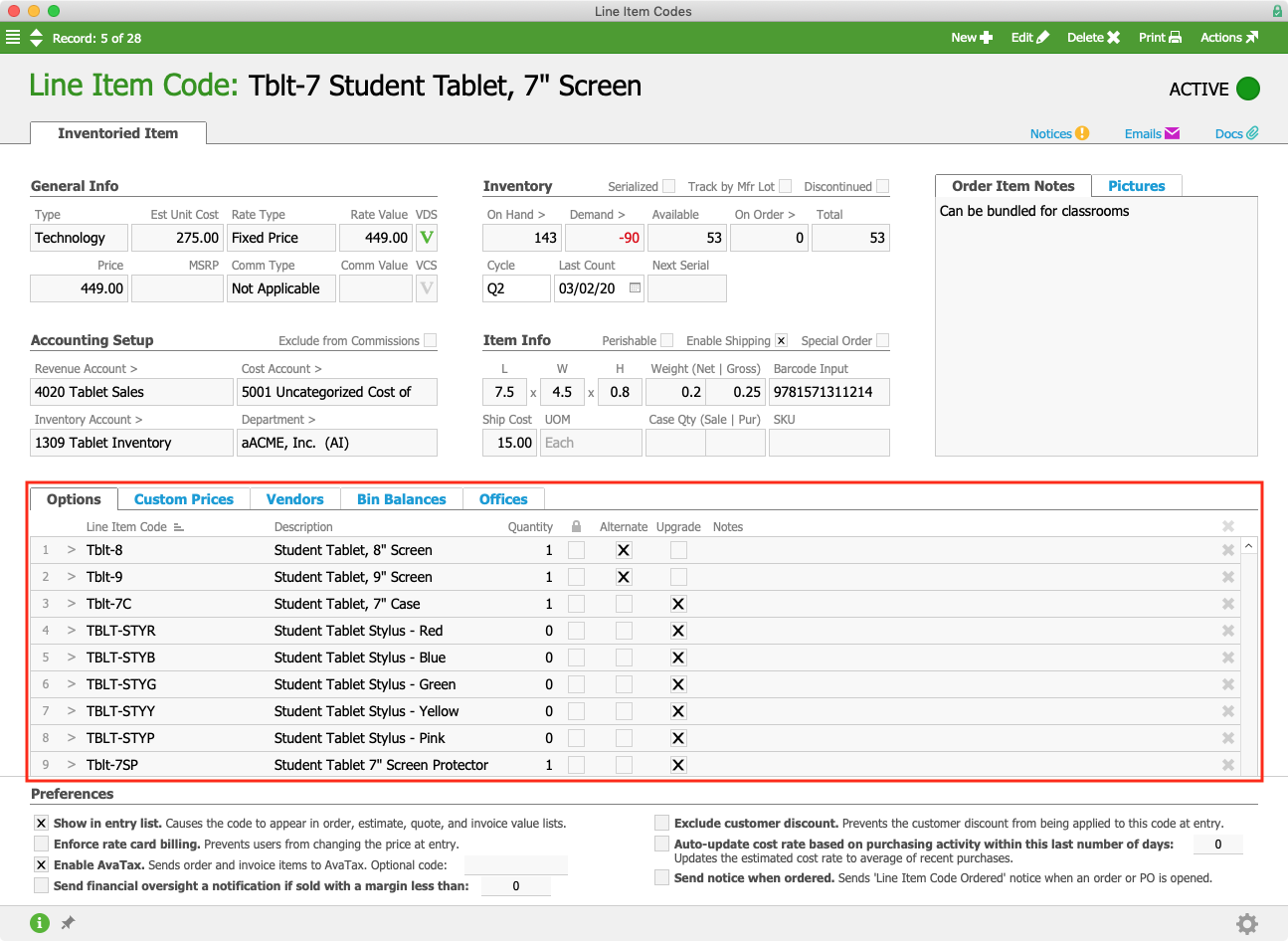 Tablet Line Item Code Record