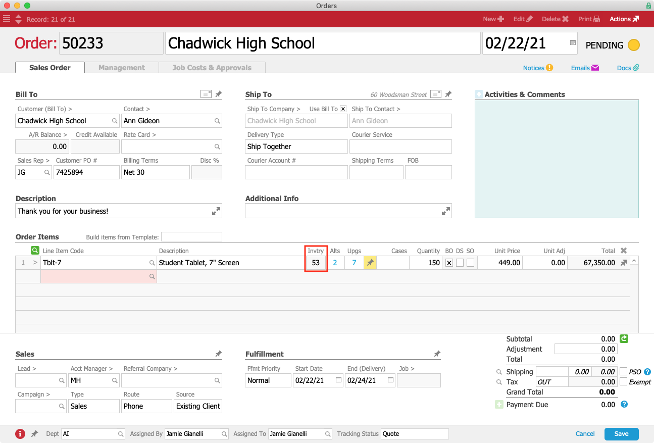 CHS Order Inventory