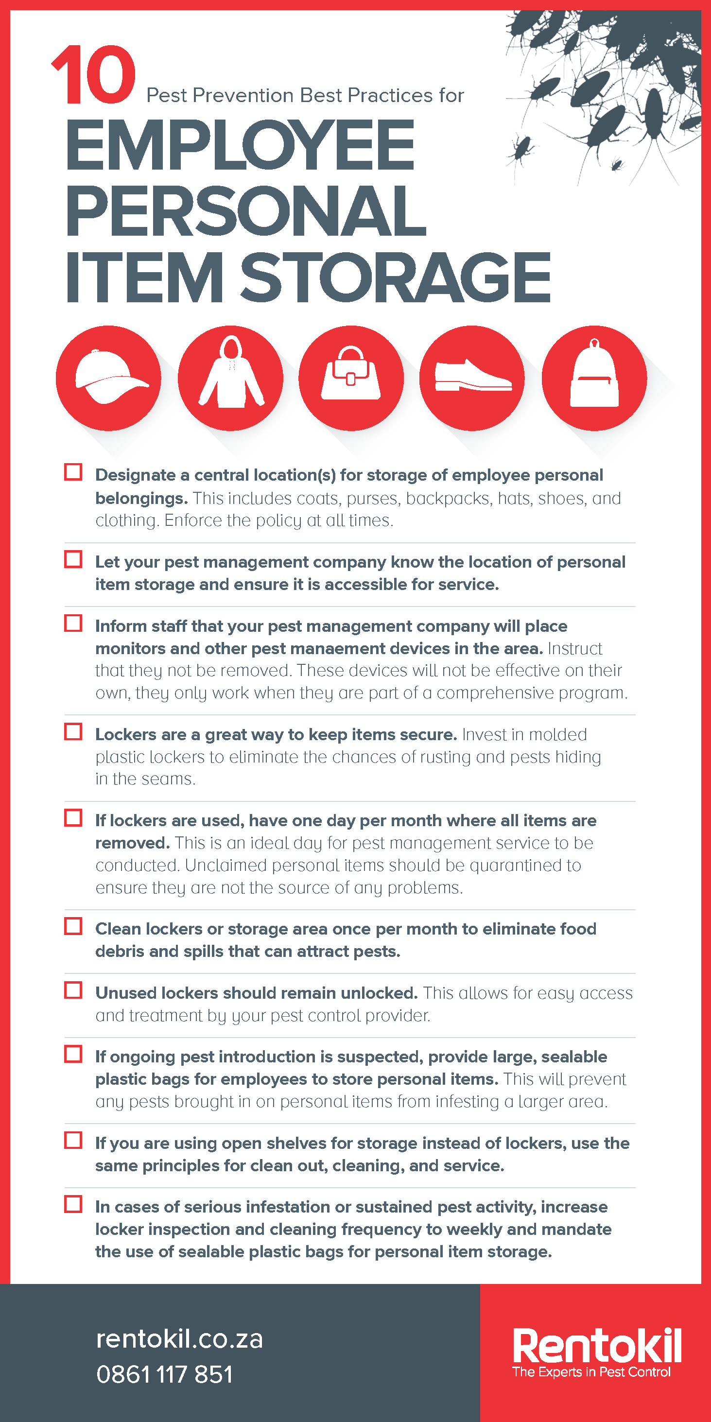 Pest Prevention Checklist Poster - 10 Best Practices for Employee Personal Item Storage