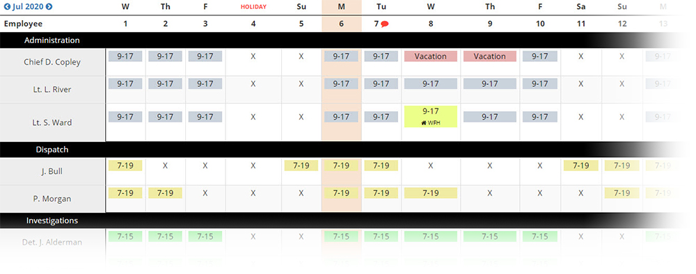 Example of the Platoon View in PlanIt Schedule that looks similar to a spreadsheet.