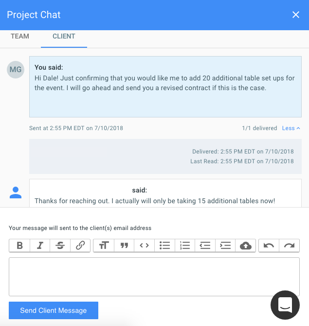 Client messaging in Goodshuffle Pro, event rental software. Manage difficult event clients.