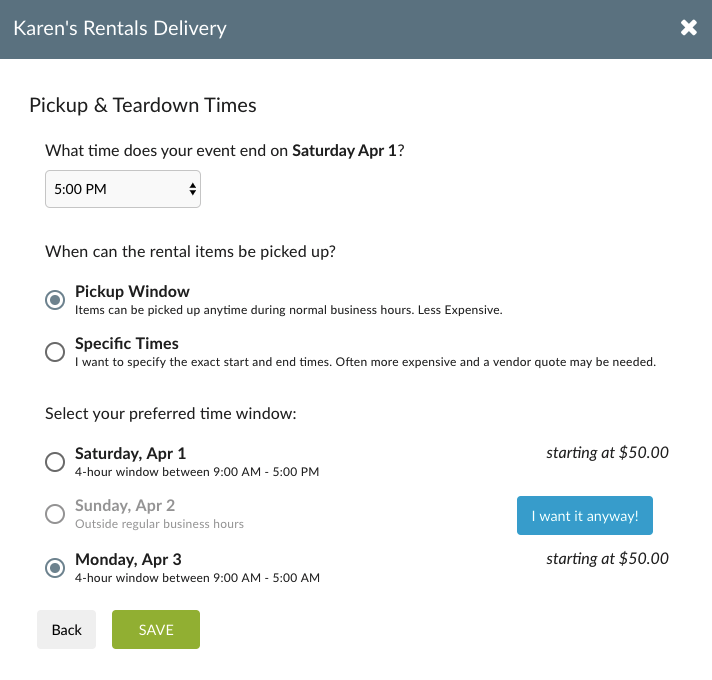 event rentals delivery fees