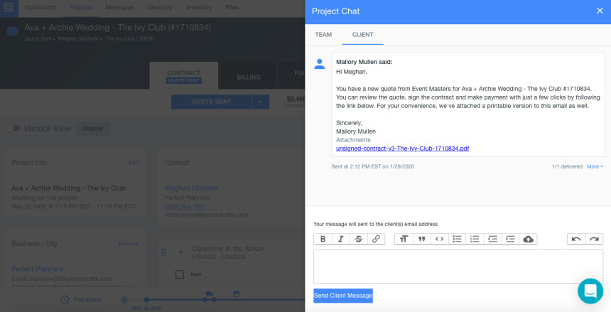 Screenshot of Goodshuffle Pro messaging tool with client.
