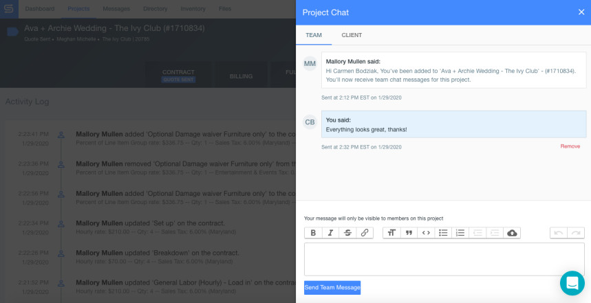 Screenshot of Goodshuffle Pro messaging tool with team.