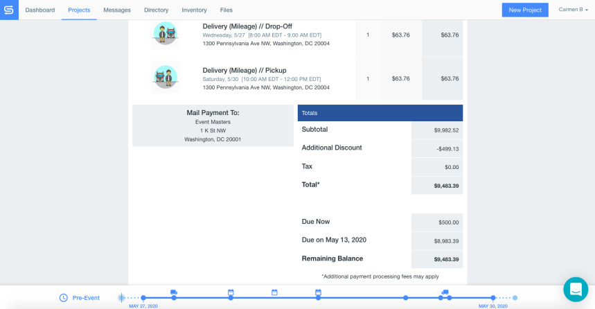 Screenshot of Goodshuffle Pro, rental software, invoice.