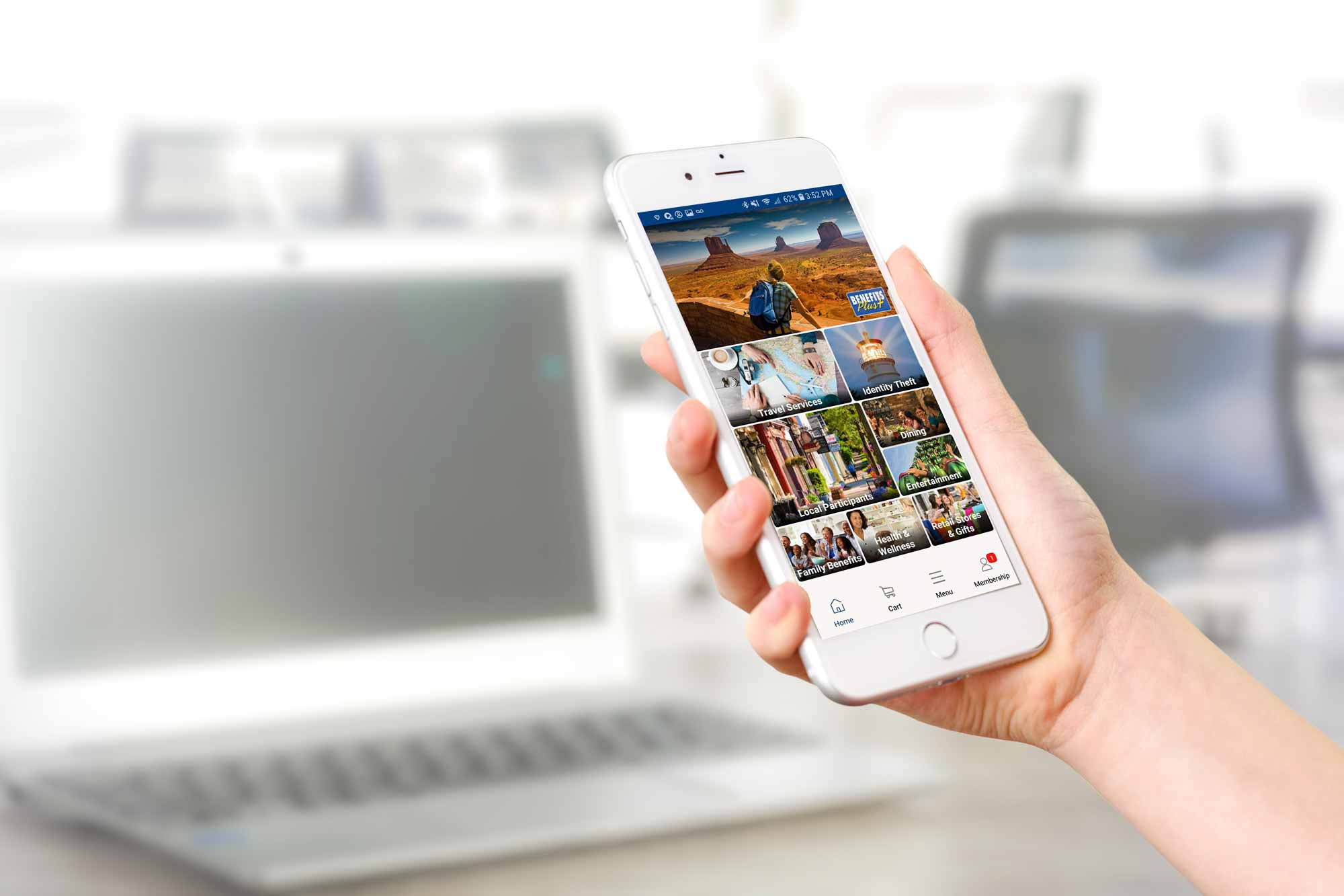 Cell phone showing Benefits Plus checking benefits on screen