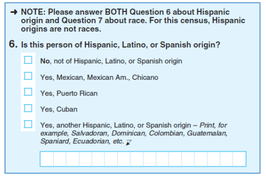 census 2020 ethnicity question. Question text reads: Note, please answer both question 6 about Hispanic origin and question 7 about race. For this census, Hispanic origins ar enot races. 6. Is this person of Hispanic, Latino, or Spanish origin. Answer choices: No, not of Hispanic, Latino, or Spanish origin; Yes, Mexican, Mexican Am., Chicano; Yes, Puerto Rican; Yes, Cuban; Yes, another Hispanic, Latino, or Spanish origin