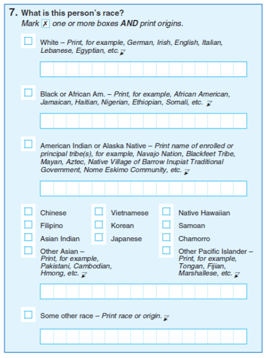 image of census 2020 race question Question text reads: What is this person's race? Mark one or more boxes and print origins. Answer choices:  White; Black or African Am; American Indian or Alaska Native; Chinese; Filipino; Asian Indian; Other Asian; Vietnamese; Korean; Japanese; Native Hawaiian; Samoan; Chamorro; Other Pacific Islander; Some other race -- print race or origin. Under the first 3 options, there are text boxes to write in national origin or affiliation.