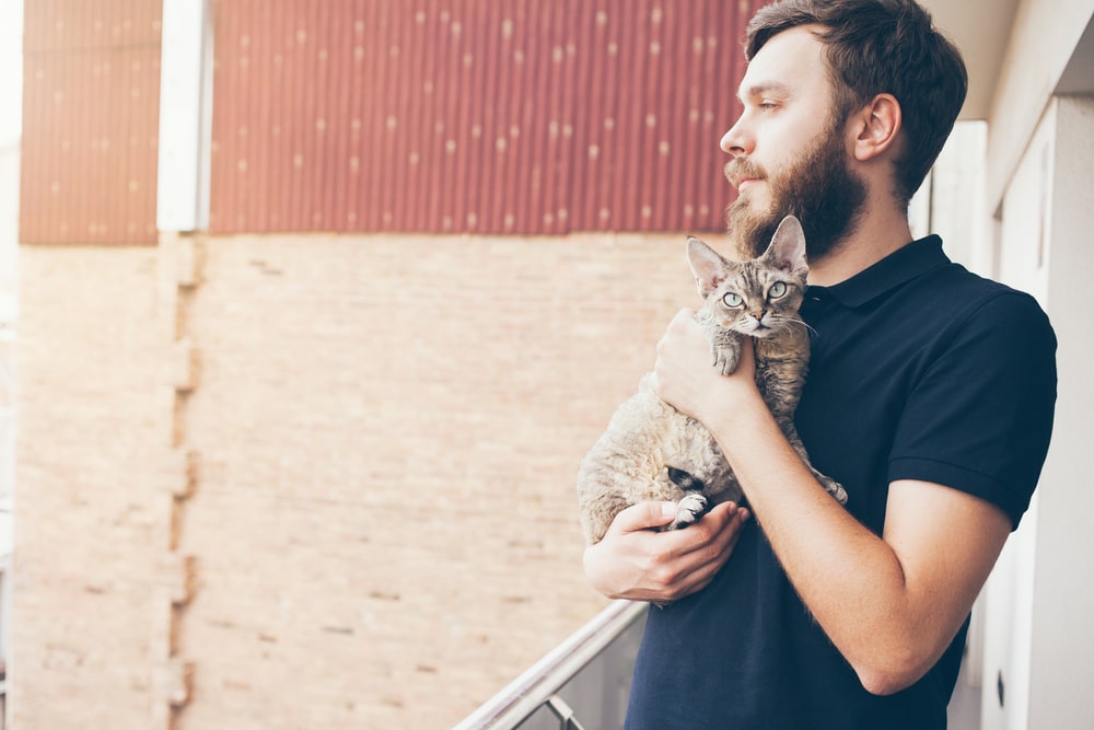 Mann trägt Katze auf dem Arm