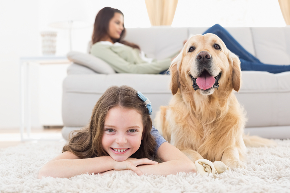 Portrait of happy girl with dog lying on rug while mother relaxing at home-2