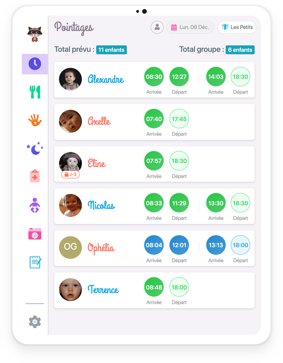 Interface de l'application Meeko pour pointer les enfants de la crèche
