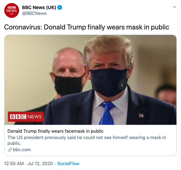 Tweet from BBC about Donald Trump wearing a face mask for the first time