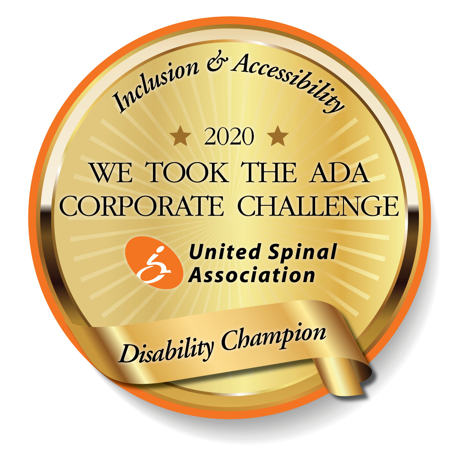 Corporate Challenge medallion showing text: Inclusion & Accessibility. 2020: We Took the ADA Corporate Challenge. United Spinal Association. Disability Champion.