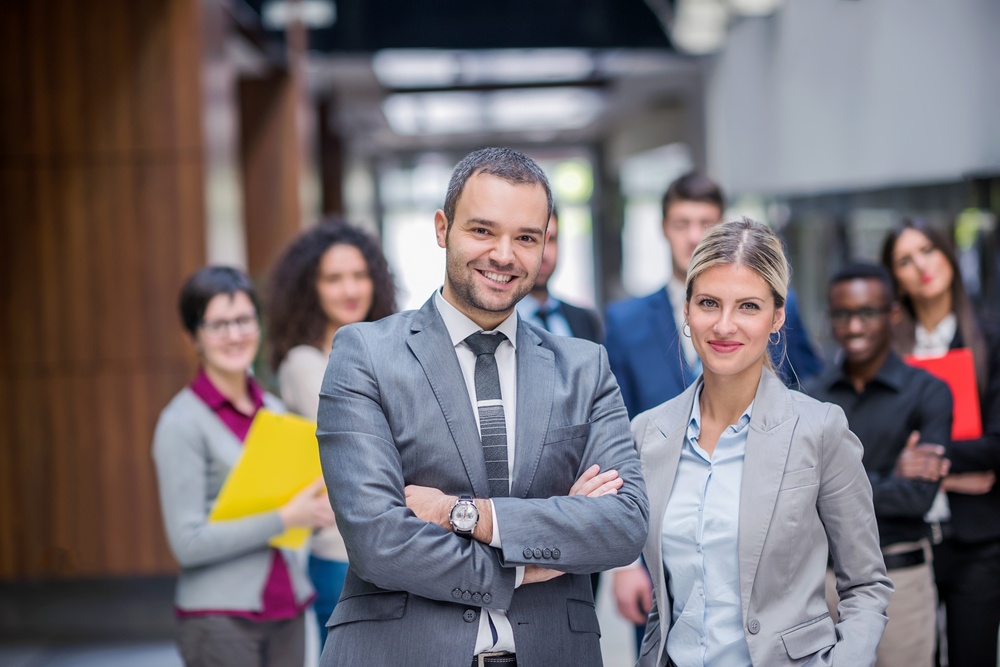 young multiethnic business people group walking standing and top view