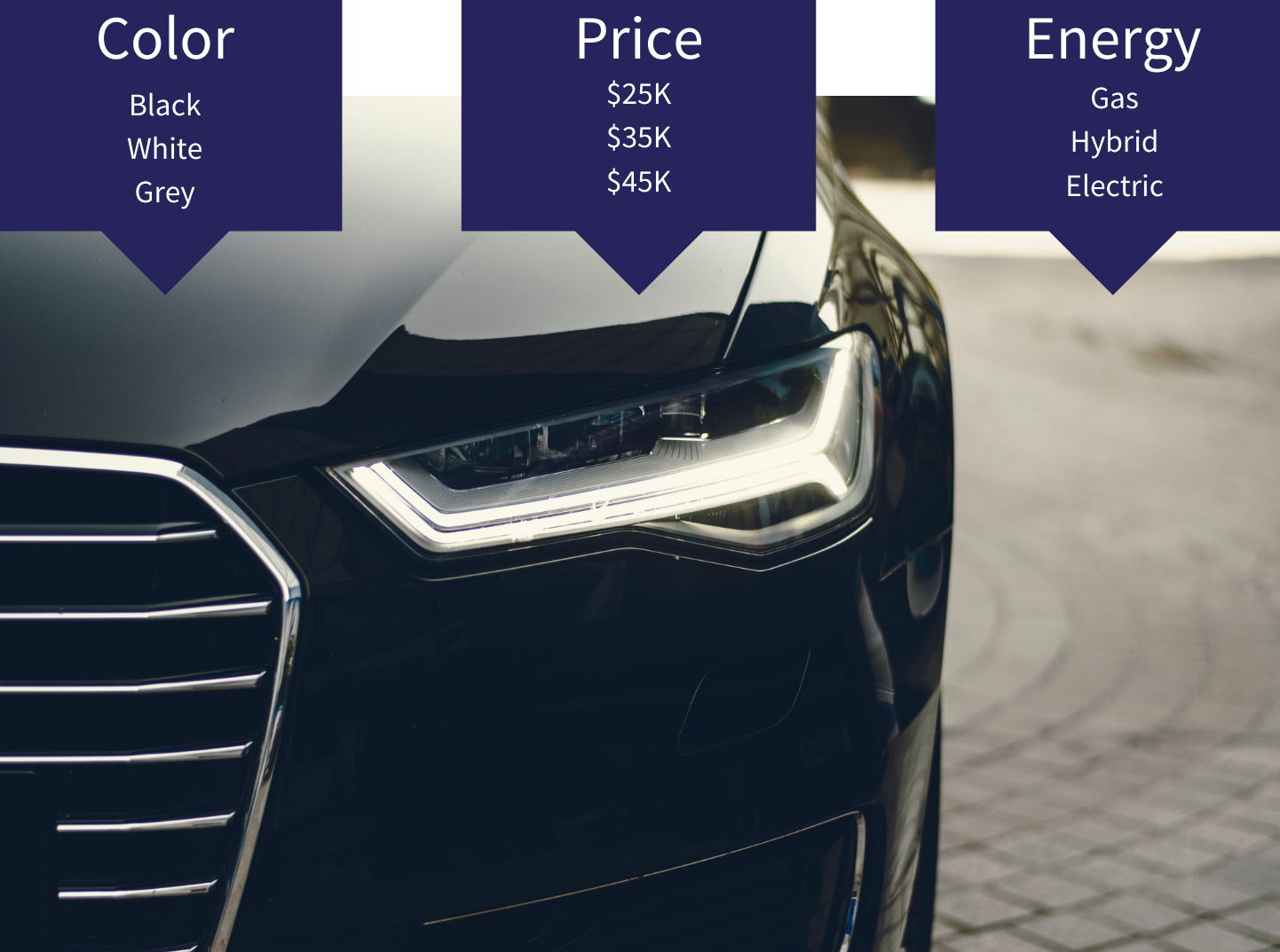 Sample of conjoint analysis data. Image of a car with "color", "price", and "Energy" overlaid with their corresponding levels 