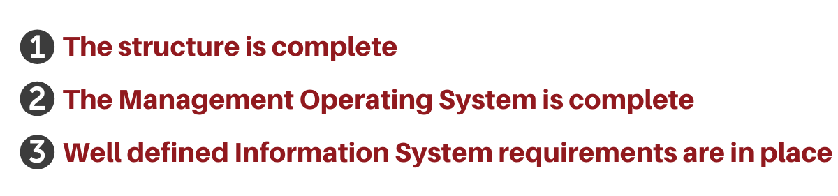 1. The structure is complete 2. the Management Operating System is complete 3. Well defined Information System requirements are in place 