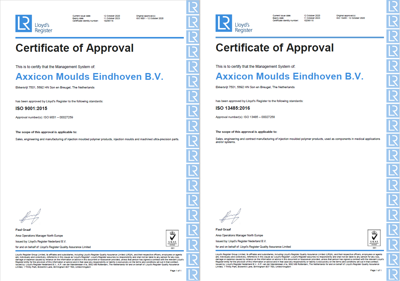 ISO 9001 and ISO 13485 certifications for Axxicon