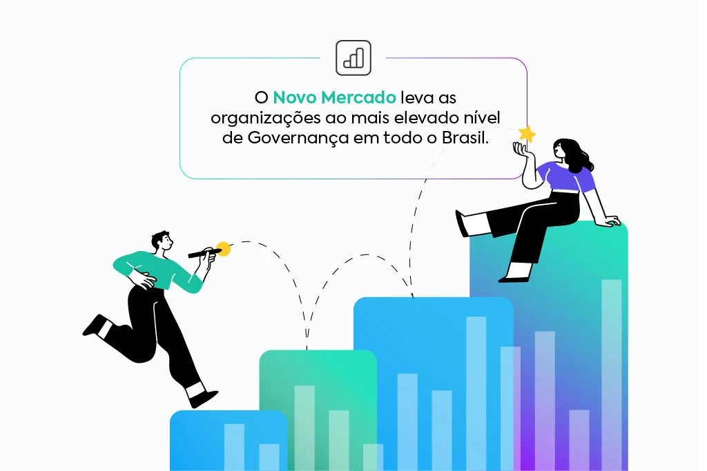 Imagem de citação ao fundo branco dizendo: "O Novo Mercado leva as organizações ao mais elevado nível de Governança em todo o Brasil".