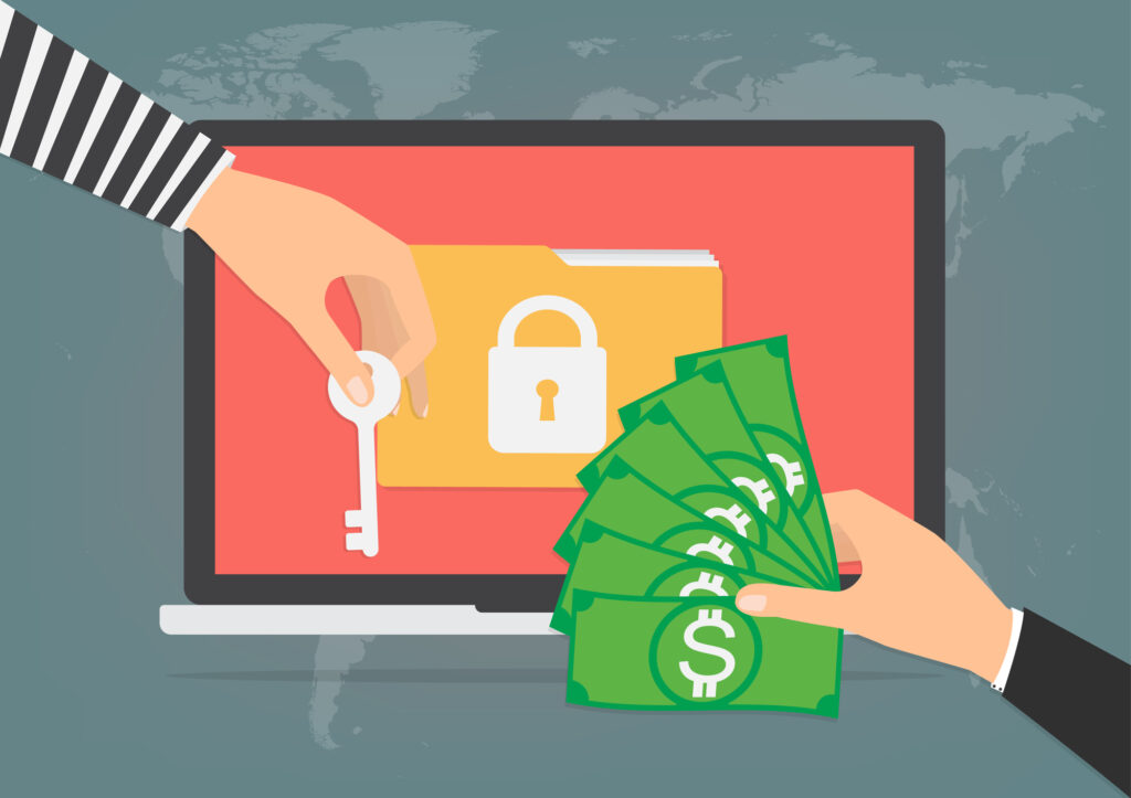 Ransomware victim paying cybercriminal to unlock data.
